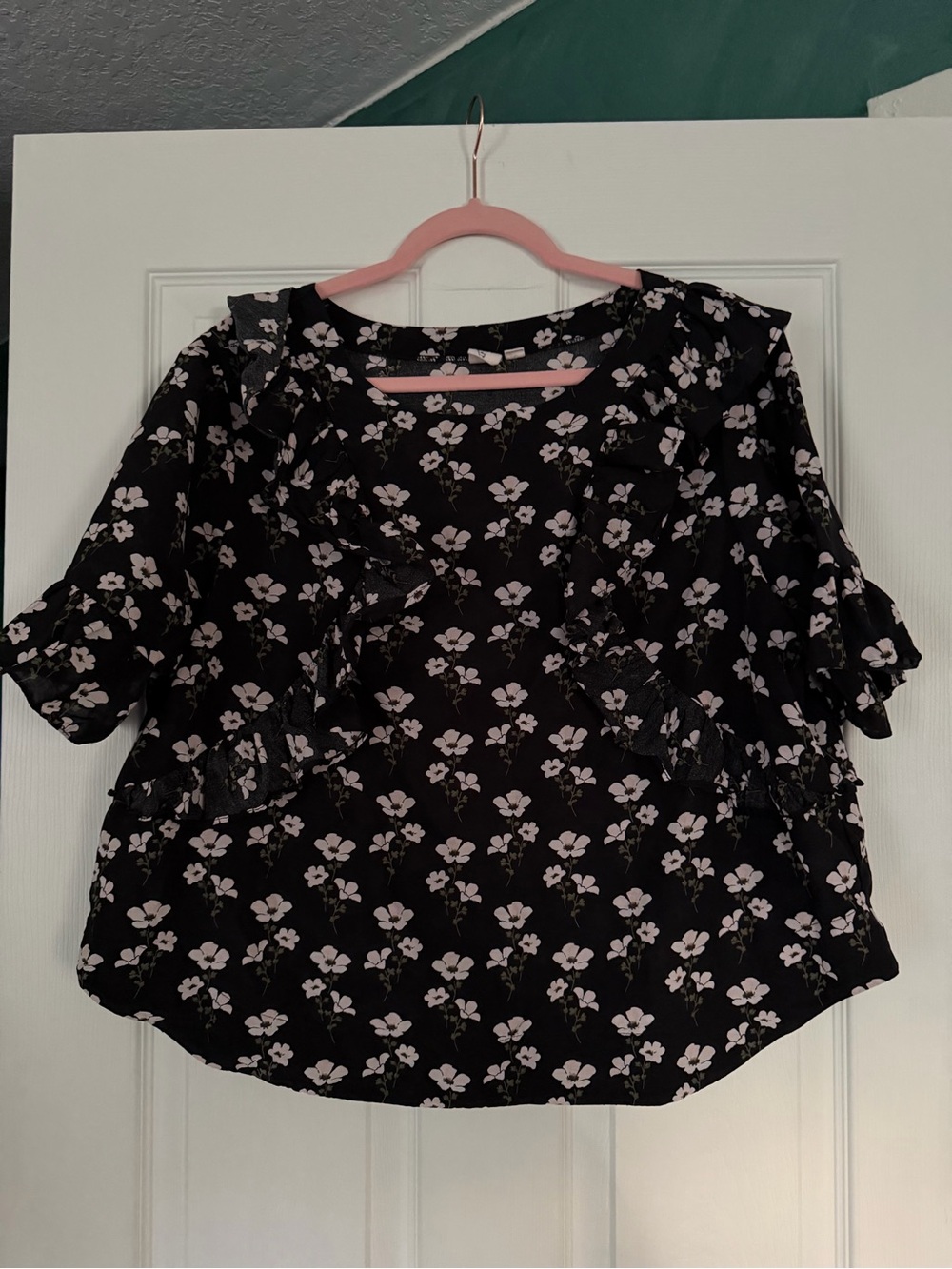 GAP Black Blouse with Pale Pink Floral Print and Ruffle Detail